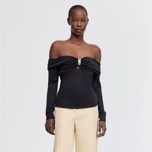 Acler Black Off-Shoulder Blouse with Gold Accent